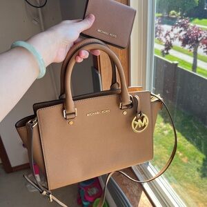 Michael Kors Brown Saffiano Leather Satchel with matching wallet